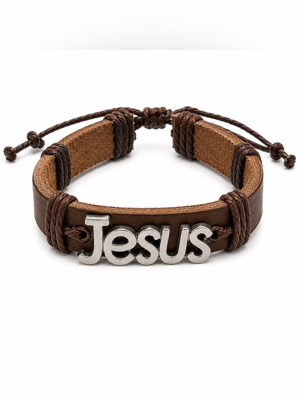 ✝️ Jesus Brown Leather Bracelet – Adjustable Christian Faith Bracelet